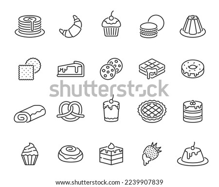 Dessert line icons. Sweet pastry and bake outline pictograms or symbols of pancake, strudel and croissant, muffin, cheesecake and cookies, pudding, cake, waffles and donut, pretzel, apple pie, bun