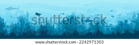 Underwater landscape. Seaweed and reef, fish shoal, whale and manta, turtle or marlin silhouettes in n ocean. Vector background with sea vegetation and animals. Water life, Aquatic marine biodiversity