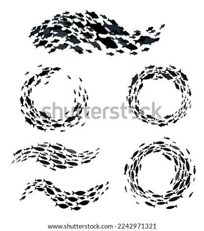 Shoal and fish school silhouette, sea fish group in sea or ocean water, isolated vector. Herring, salmon, sardines or tuna shoal or fishes school in round frame or wave silhouette