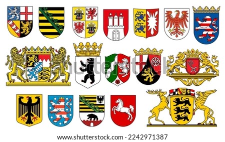 Germany states and regions coat of arms. Berlin, Saxony and Saarland, Mecklenburg-Vorpommern, Hamburg and Brandenburg, Hesse territory vector heraldry sign with eagle, lions, bear and golden crown