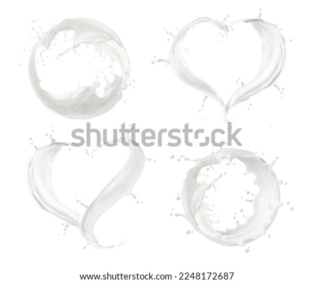 Milk or cream splash, circle and heart wave flow with realistic white drops. Vector 3d dairy food or drink swirls with milky or creamy smooth texture. Pouring milk heart and circle frames set