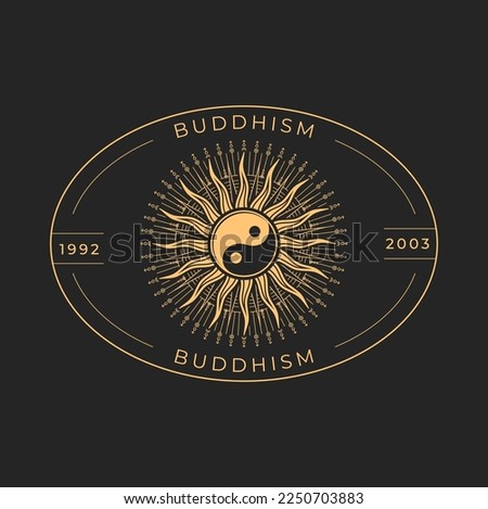 Buddhism religion sacred astrology or magic icon with Yin and Yang symbol and sun. Asian astrology or esoteric icon or tattoo. Buddhism philosophy or zodiac sign, sacred emblem or magic symbol