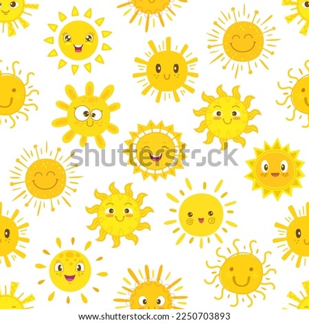 Sun characters seamless pattern. Cartoon cheerful sun personages with smiling, laughing faces, hand drawn rays or beams. Textile or fabric summer print, vector background or wallpaper