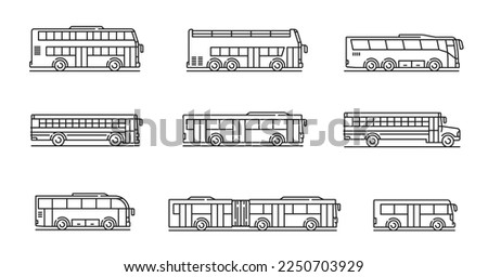 City, travel and school bus line icons. Passenger transportation, urban transport outline vector symbols or thin line pictograms with contemporary school, doubledecker and articulated buses