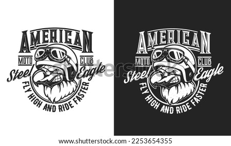 Eagle pilot mascot, racing club t-shirt print, moto races and speedway sport vector emblem. Motorcycle races club badge with eagle in aviator helmet, angry bird mascot for motocross races championship