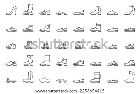 Man and woman shoes line icons. High heel shoe, combat, cowboy, winter and rubber boots, man and woman sandals, sneakers sport footwear, moccasins, flip flops and slippers shoe vector icons