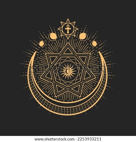 Esoteric occult symbol, vector magic tarot sign with crescent, Ankh, Moon and Sun inside of big seven pointed star and decorated circle. Astrological amulet, spiritual wiccan talisman