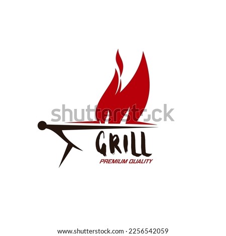 BBQ grill icon. Barbeque equipment shop sign, cooking tools store vector emblem or symbol, butchery, bar or restaurant icon with barbeque charcoal grill, red fire flames and grungy typography