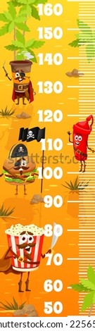 Kids height ruler cartoon pirates fastfood characters on treasure island. Vector growth chart meter with pop corn, burger, ketchup and coffee funny corsair personages. Wall sticker scale for children