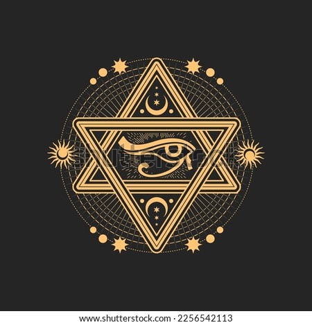 David star, eye of Horus, crescent, sun and moon esoteric occult symbol, magic tarot card signs, Vector talisman for occultism, alchemy and astrology, sacred hexagram judaism religion mystic emblem