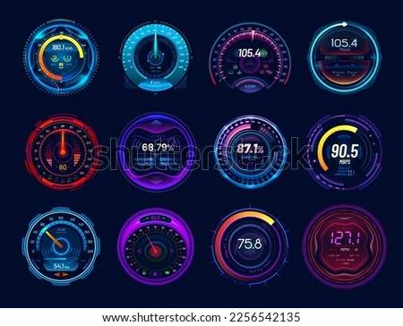 Futuristic car speedometer gauge dials, neon led speed meter, vector dashboard. Digital speedometers, car races interface counters and tachometer indicator or gauge dial panel or loading bars