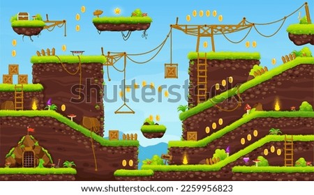 2d arcade game level cartoon map interface. Platform, key, stairs, coins and chest icons on console game screen. Computer retro arcade vector background with jumping platforms, ladders and boxes