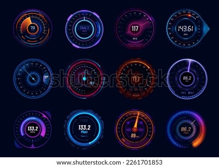 Futuristic car speedometer gauge dials. Neon led speed meter, vehicle tachometer or acceleration boost vector indicators, internet connection download ping test meter with speed info, glowing arrows