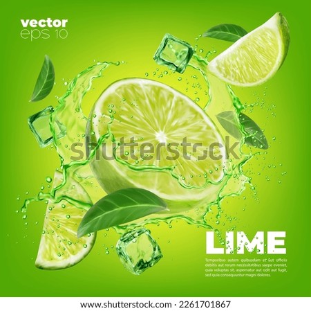 Lime fruit slice, leaves and green juice splash. Vector background with 3d water wave, citrus piece, ice cubes and mint foliage flying. Realistic mojito drink, tea, cocktail refreshing beverage swirl