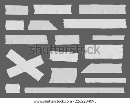 White adhesive or duct tape crumpled stripes. Realistic 3d vector scotch patches, sticky paper strips. Isolated plaster masking pieces with torn edges, ripped wrinkled band for package wrap
