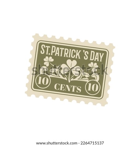 Saint Patrick day holiday antique postcard, retro postage stamp and vintage mail. Saint Patrick day letter or greeting card vector postage stamp, correspondence envelope postmark with clover leaf
