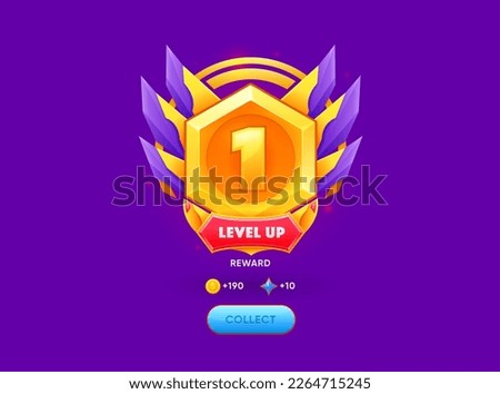 Level up banner. Gaming task complete prize, casino winner achievement golden symbol, gambling app interface level or rank up vector asset. Arcade videogame victory celebration GUI glossy sign