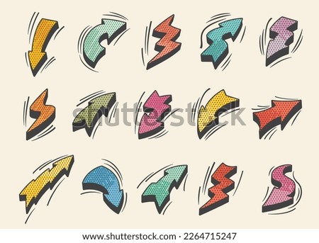 Lightning and thunder bolt comics arrow, cartoon flash. Speed and power, electric charge and thunderbolt energy pop art vintage symbol, comic vector halftone direction arrow pointers set