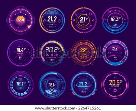 Thermostat icons. Smart thermometer and temperature control dial. House climate control screen, HVAC display, home conditioner thermostat vector dials set with temperature and humidity neon indicators