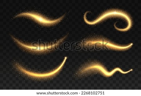 Golden magic dust trail, gold glitter glow and star light. Vector set of shine flare effect waves. Magic swirl, twinkle with glowing flying sparks. Wand trace, spell, wizard or fairy shiny lightning