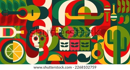 Bauhaus pattern with mexican motif. Vector background with simple geometric shapes, skull, cactus, tequila and sombrero. Jalapeno pepper, mustaches, tacos or guitar with maracas modern art ornament