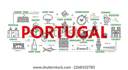 Portugal travel icons of Lisbon landmarks and Portuguese tourism vector symbols. Portugal travel and sightseeing icons of tram, castles and Lisbon rooster symbol, culture, tradition and azulejo art