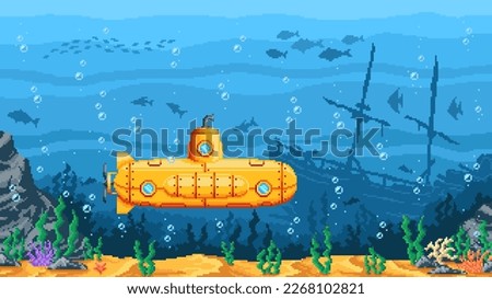 Pixel game submarine, underwater landscape. Vector pixelated background with bathyscaphe, seaweeds, sunken ship and on corals seabed. Ocean bottom with yellow sub boat on retro 8 bit art game location