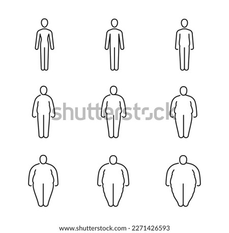 Fat body icons. Human obese classification thin line vector silhouettes. Overweight and slim man or woman person isolated figures of body mass index, healthy lose and gain weight process