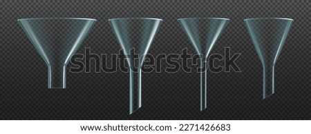 Isolated glass funnels set. Chemistry laboratory equipment and glassware, medicine, biology and scientific research realistic vector instruments. Glass funnels for liquid filtration, water distilling