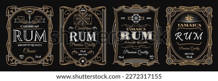 Vintage rum labels. Alcohol frames of liquor drink bottle with vector thin line pirate sail ship, anchor, helm and antique compass, golden flourishes and scrolls. Luxury labels for rum liquor