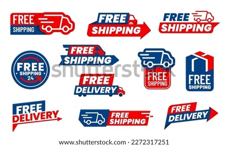 Free delivery icons, truck and arrow for shipping or courier service vector 24 hours express order symbols. Free delivery stickers with van car and parcel box or mail package for express shipping