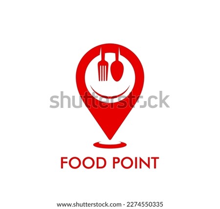 Restaurant icon, map pointer or location pin with fork, spoon and plate smile, vector symbol. Food point icon for fast food cafe, meal bar or food delivery app sign with red location pin on map