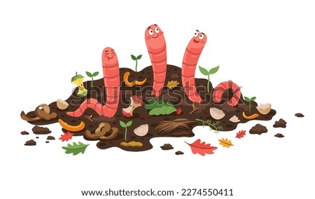 Cartoon compost worms. Isolated vector earthworms in organic garbage heap with leftovers and growing plants. Cute worm characters working in garden soil. Funny invertebrate personages recycling food