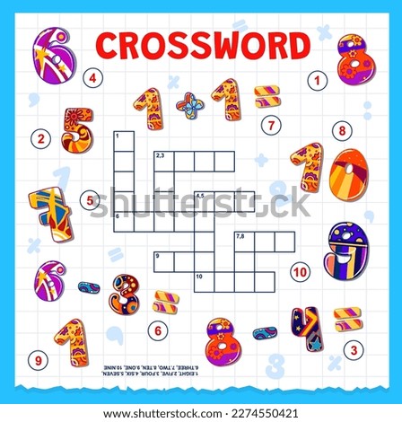 Cartoon math numbers and digits, crossword grid to find word, vector quiz game. Kids crossword game worksheet to guess math numbers in multiplication or extraction equation, mathematics education quiz