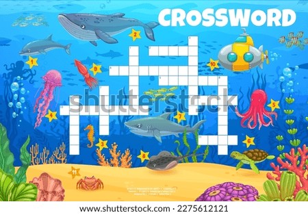Cartoon underwater landscape and animals crossword quiz game grid. Vector puzzle with whale, dolphin, seahorse, jellyfish and octopus. Shark, turtle, stingray or squid with crab or submarine worksheet