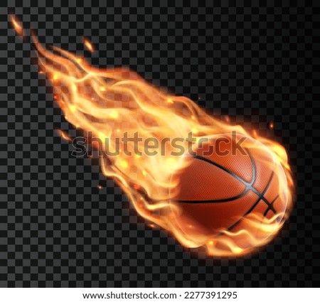 Flying basketball ball with fire flame trails. Vector falling meteorite ball with long blaze tongues. Realistic 3d sport inventory, hot contest promo, isolated sports equipment with ignition trace