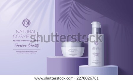Cosmetics purple podium or product ad display, vector 3D background template for beauty skincare moisturizer. Cosmetic cream bottle or container dispenser on purple podium with pam leaf shadow