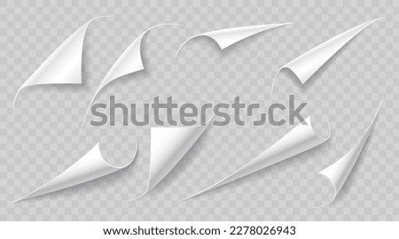 Curly paper page corners, paper sheet turn curls and flips, vector sticker fold edges. Realistic paper page corner curls on transparent background with shadow, paper sheet rolled up peel corners