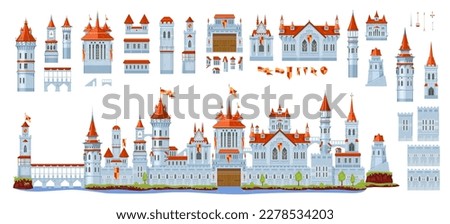 Medieval fortress castle constructor. Vector architecture elements of ancient palace building, stone walls, towers, flags and archways, gates and windows set. Fantasy castle, palace, fort and citadel