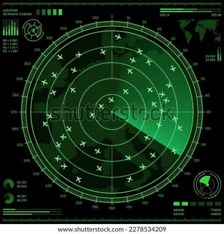 Air control radar screen with airplanes and world map. Vector HUD ui of air traffic control system, plane navigation and flight tracking digital display futuristic interface with green radar scan