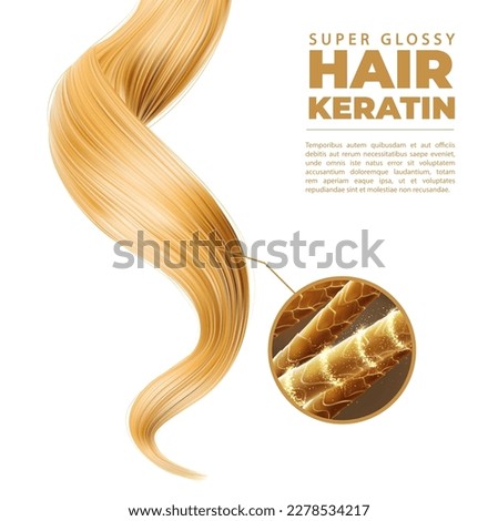 Hair care, shampoo, moisture, keratin. Healthy blonde strand with strong lock structure close up zoom. Realistic 3d vector long female shiny curl with super glossy effect. Professional beauty care