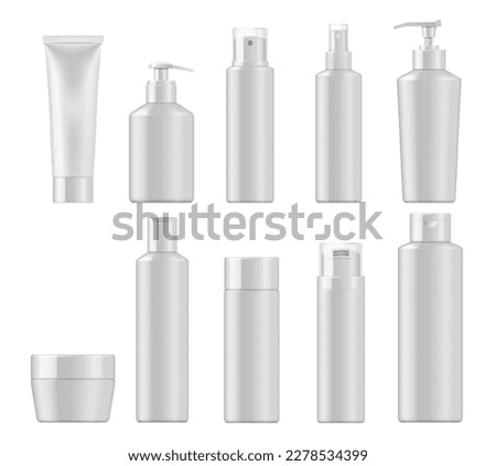 Cosmetics package mockups. Vector realistic containers of beauty products, white blank plastic bottles, tubes and jar for cream, lotion and shampoo, skin care spray, shower gel, bath oil, liquid soap