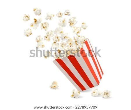 Popcorn box, striped pop corn bucket container, vector isolated realistic on white background. Popcorn splash from red white stripe box for cinema snack or movie theater fast food menu