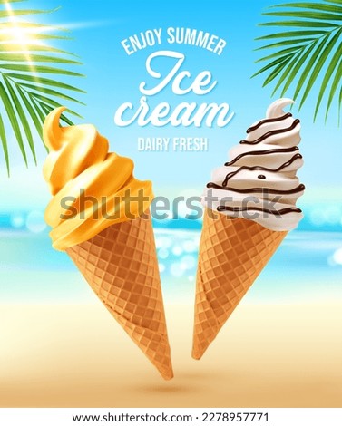 Realistic ice cream cones, summer beach dessert and tropical landscape. Vector 3d waffle cones of vanilla and mango fruit soft serve ice cream on green palm leaves, sand beach and sea waves background