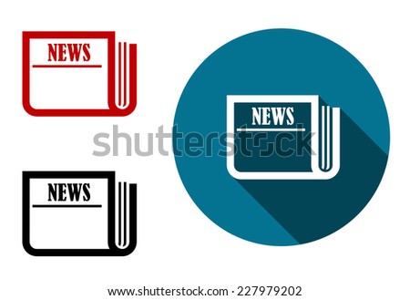 Flat round news icon with a folded newspaper on a blue circle with two extra color variants, vector illustration