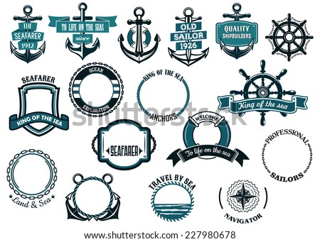 Set of nautical or marine themed icons and frames including ships anchors and wheels and circular rope frames and shields