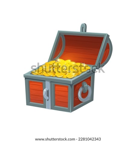 Open treasure chest with golden coins, vector wooden trunk with pirate loot. Isolated cartoon box, ui game asset. Opened coffer with gold trophy, ancient royal money case, decorated box with treasury