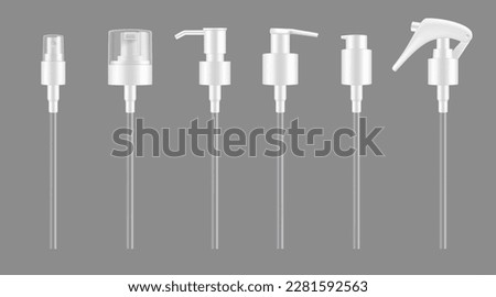 Pump droppers, isolated vector 3d bottle or cosmetic container spray caps mockup. White plastic pumps for lotion, shampoo or atomizer sprayer and liquid soap dispenser lid with trigger and nozzle