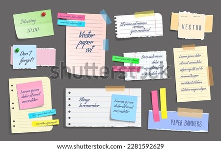 Paper notes, stickers, sticky sheets and tape. Vector set of to do list, memo messages, notepads and torn paper sheets. Notepaper meeting reminder, office notice or information board with appointments
