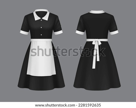 Maid and waitress uniform. Hotel and house worker dress 3d realistic vector mockup. House cleaner woman, housekeeping service worker garment, hotel staff clothing, isolated uniform with white apparel